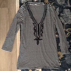 J. Crew 3/4 Sleeve Navy/White Stripe V-Neck Top with Embroidery Size Medium